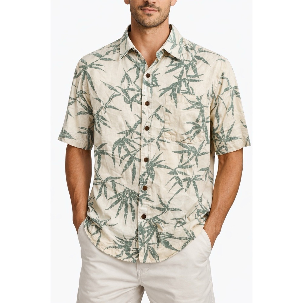 Caribbean Joe Mens Silk‎ Hawaiian Shirt S Beige Green Tropical Camp Shirt